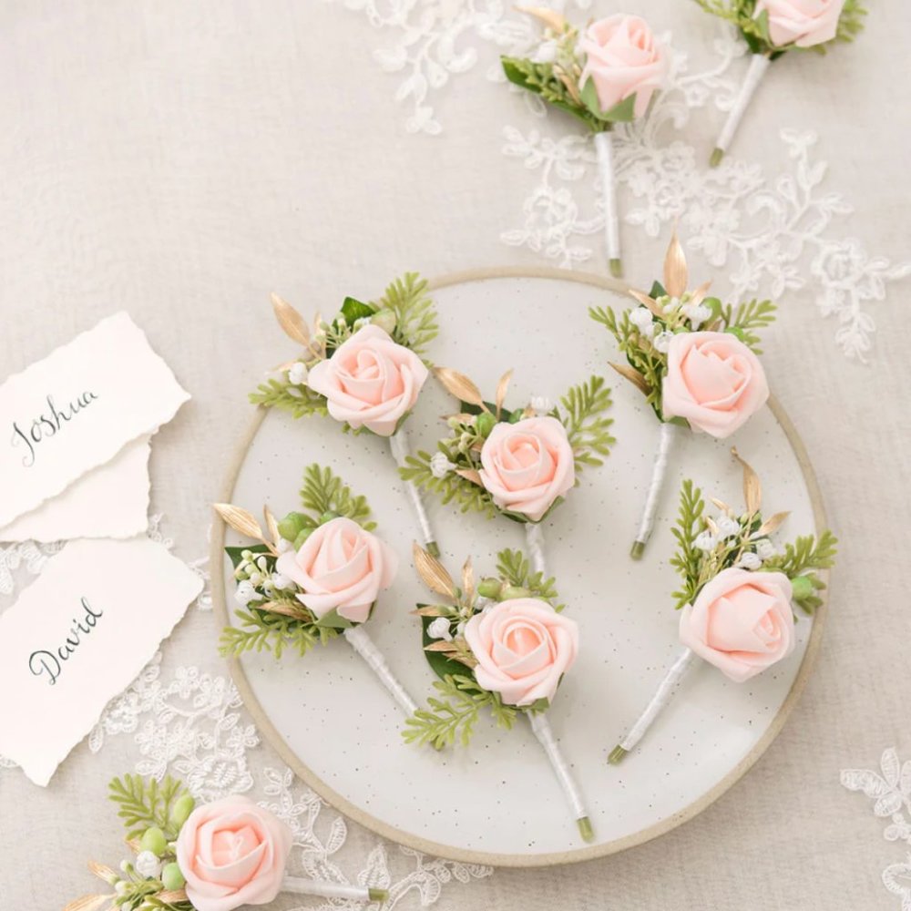 Ling's Moment Blush  Boutonniere for Men Wedding with Pins, Set of 10
